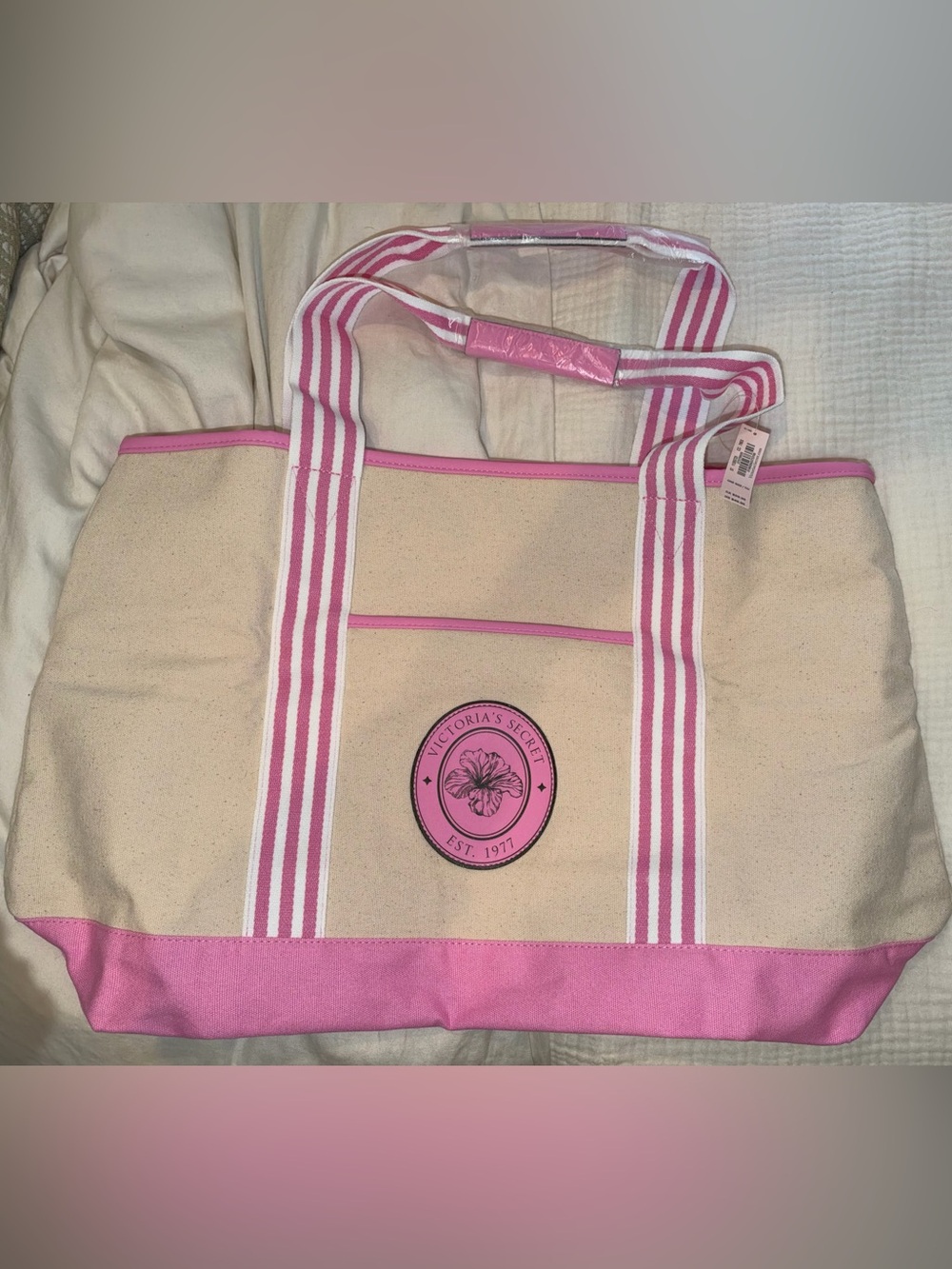 Victoria's Secret Cream Canvas Tote with Pink Accents